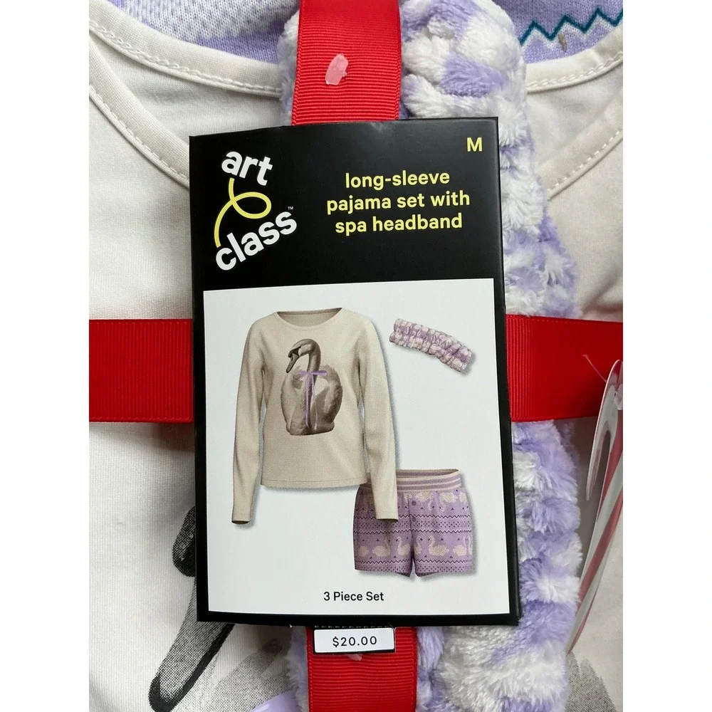 Art‎ Class Girls Pajama Set 3pc Long Sleeve Shirt Shorts Spa Headband Swan  M